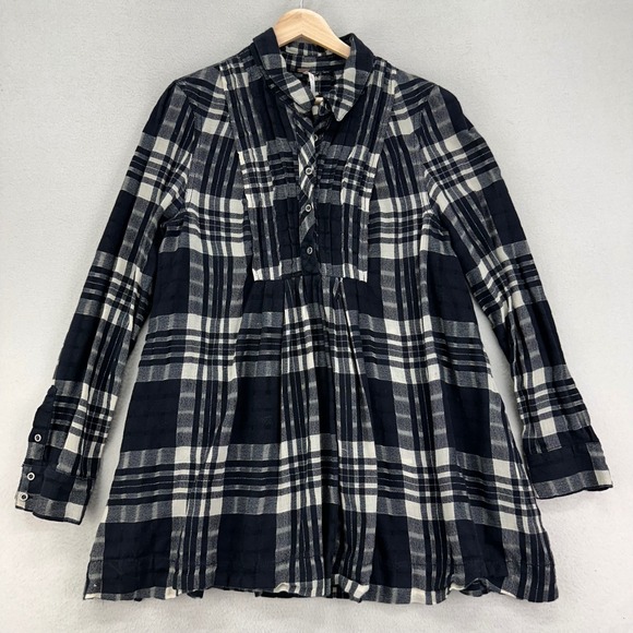 Free People Flannel Tunic Blouse Womens M Black Plaid Oversized Lagenlook - Picture 1 of 10